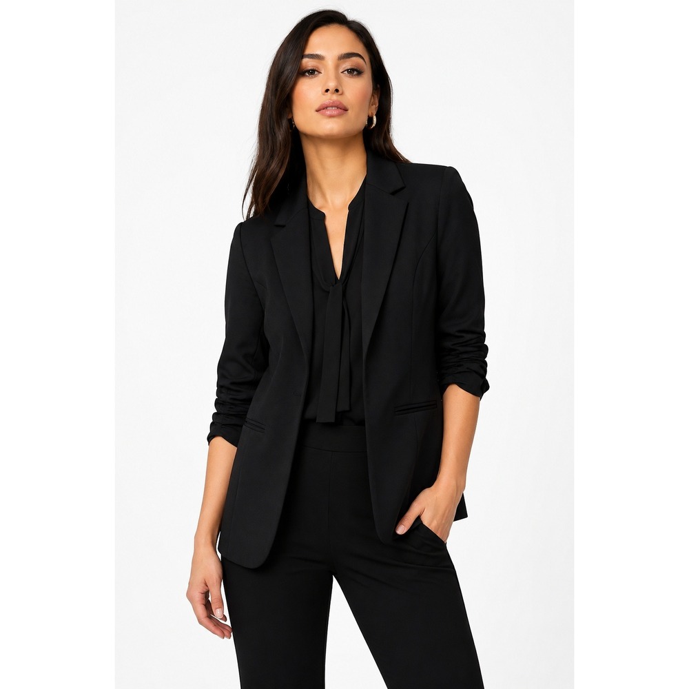 41 Hawthorn Leena Open Front Ponte Blazer Black Ruched 3/4 Sleeve Size S NWT